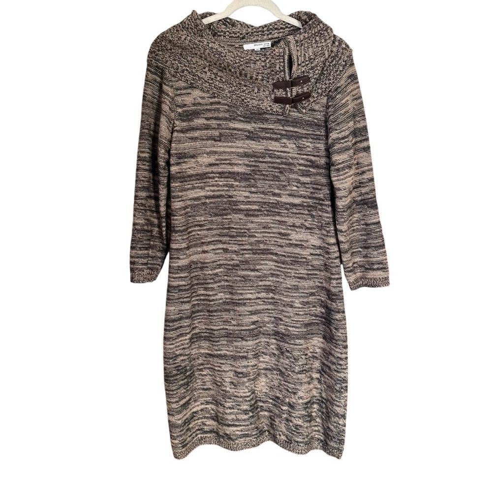 Studio One Women’s Sz XL Brown Marled Knit Sweater Dress Cowl Neck Buckle Detail